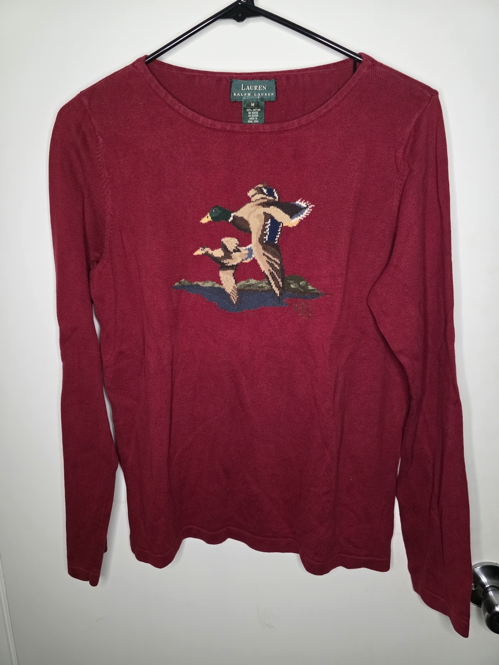 Vintage Lauren Ralph Lauren Dark Red Crewneck Sweater w/ Duck Motif Size-M